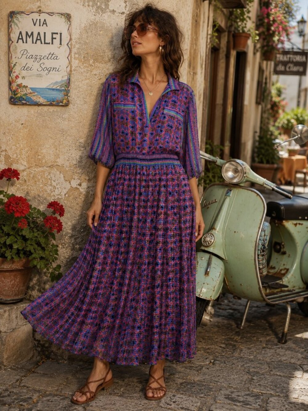 Diane Freis Pleated Romantic Maxi Flowy‎ Boho Mixed Pattern Dress O/S 1980s VTG
